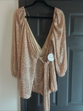 Luxxel Rose Gold Sequin Wrap Romper NWT Size Large